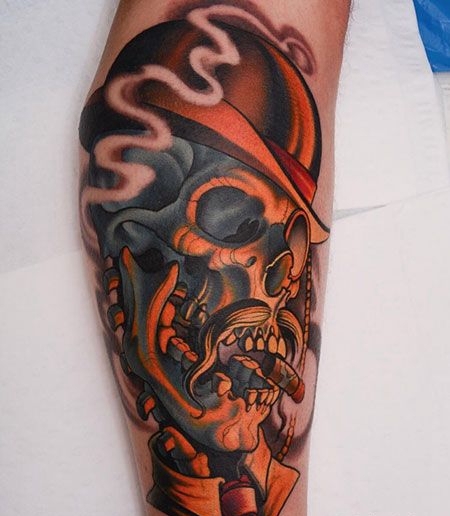 骷髅神探，腿部个性骷髅彩绘纹身
