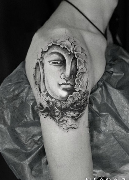 破壁重生，手臂3d石裂效果佛像纹身