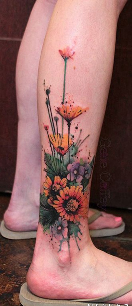 花开娇艳，腿部向日葵水彩纹身