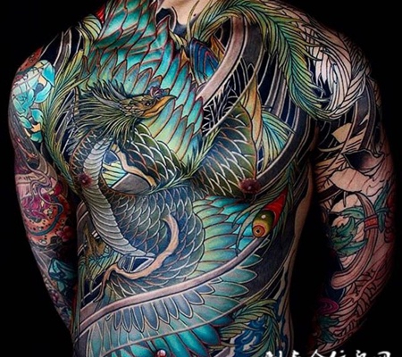 百鸟朝凤，大花胸凤凰彩绘纹身