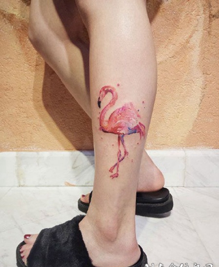 腿部好看的彩绘火烈鸟纹身图案