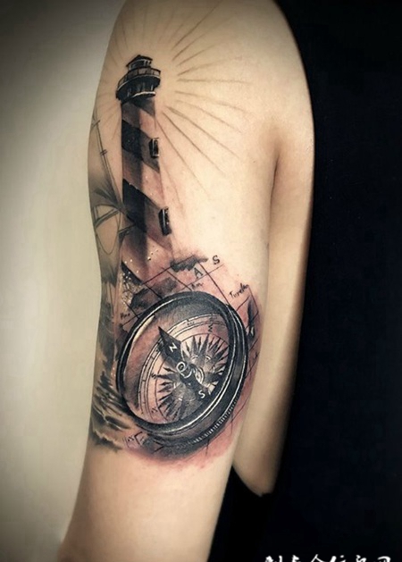 人生航线，手臂灯塔指南针个性纹身