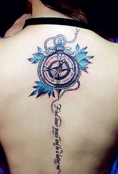背部脊椎骨上的指南针纹身图案