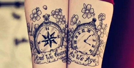 手臂指南针和时钟纹身图案
