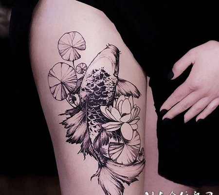 荷塘月色，大腿好看的鲤鱼莲花纹身