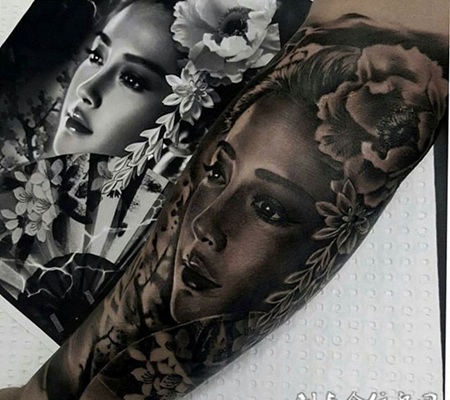 倾城之貌，手臂写实美女肖像纹身