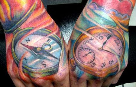 手背上的指南针和时钟纹身图案