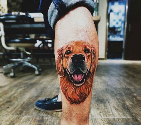 家有爱犬，腿部大金毛纹身图案