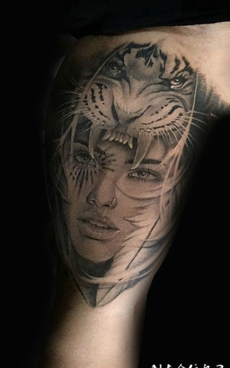 部落佳人，手臂虎族少女肖像纹身