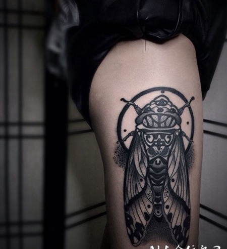 点刺之蝉，腿部蝉纹身图案