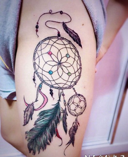 南柯一梦，腿部捕梦网纹身图案