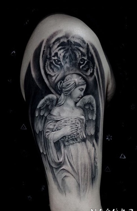 天国的祝愿，手臂天使与老虎个性纹身
