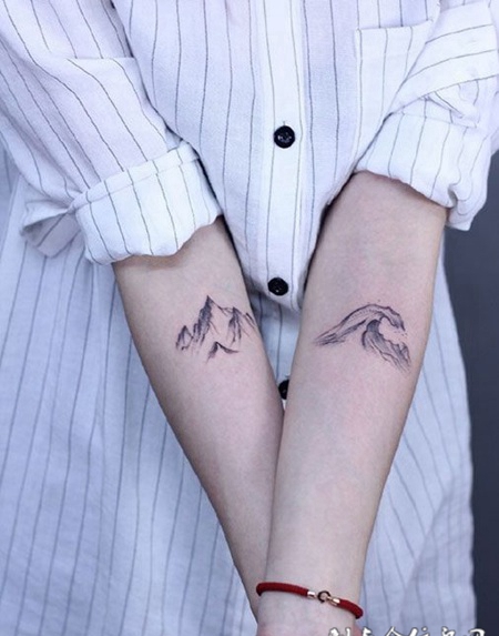 山与海浪，手臂个性纹身图案