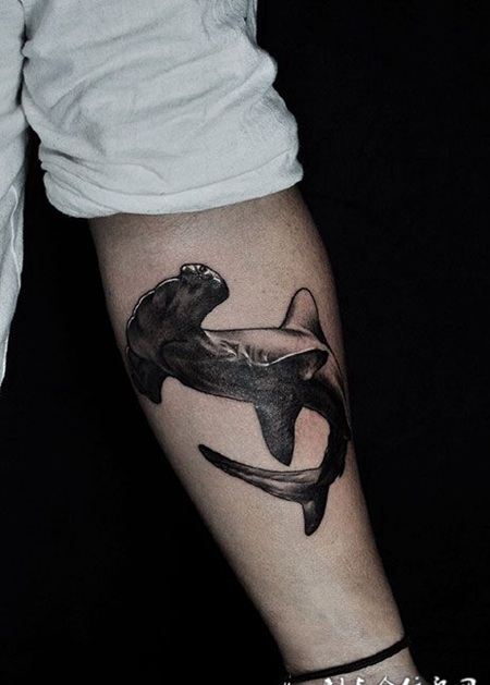 手臂黑灰锤头鲨纹身图案