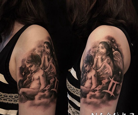 两小无猜，手臂可爱小天使纹身图案