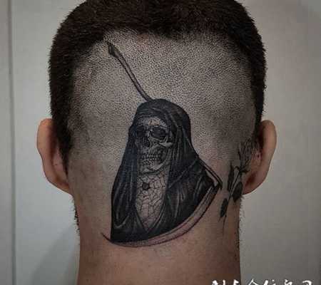 死神的祝福，头部骷髅点刺纹身
