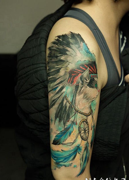 美梦神兽，手臂可爱的猫咪捕梦网彩绘纹身