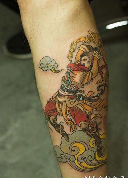 当头棒喝，腿部斗战胜佛彩绘纹身