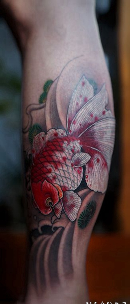 如鱼得水，腿部好看的金鱼彩绘纹身