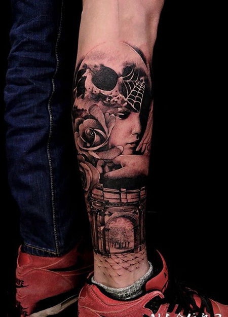 蔷薇恋人，小腿玫瑰与少女肖像纹身