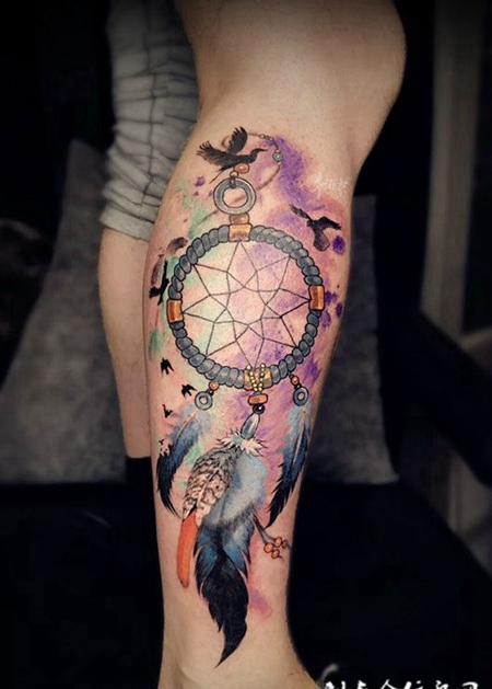 无尽的梦，小腿捕梦网彩绘纹身