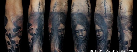 插画哥特风低头女子的纹身
