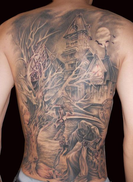 满背死神和城堡纹身图案