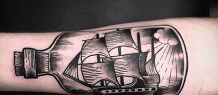 小臂漂流瓶帆船纹身图案