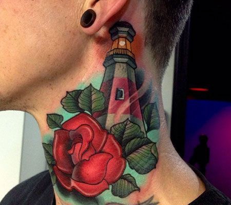 颈部玫瑰花灯塔纹身图案