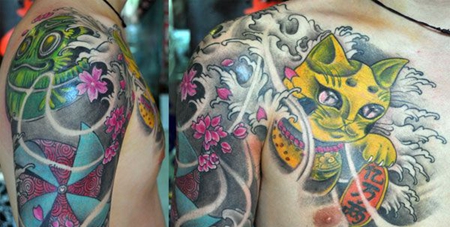 半甲招财猫风车纹身图案