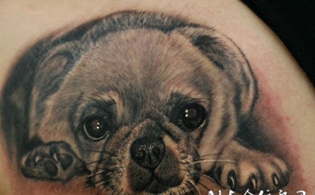 胳膊上的纹身：忧伤的小狗