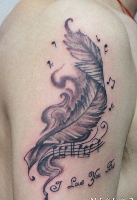 美妙插画音符羽毛纹身