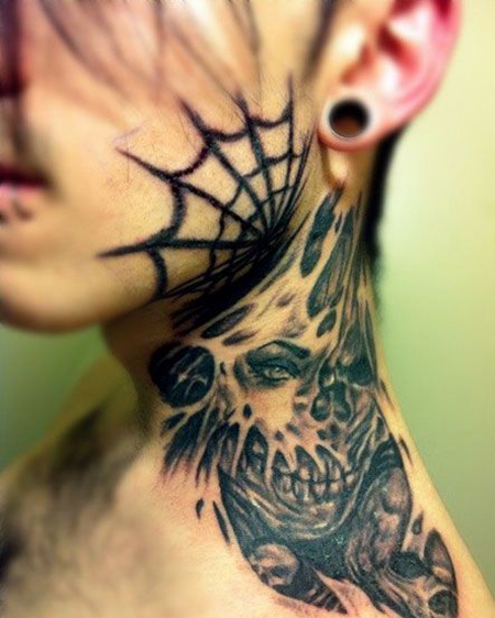 颈部蜘蛛网骷髅头纹身图案