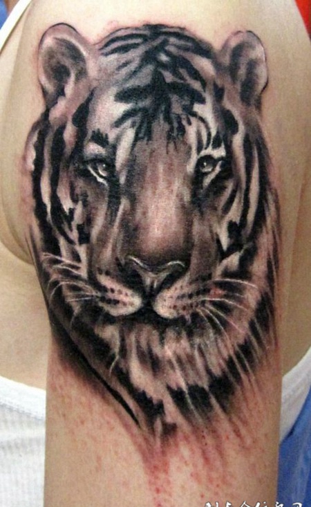 胳膊纹身：一颗虎头