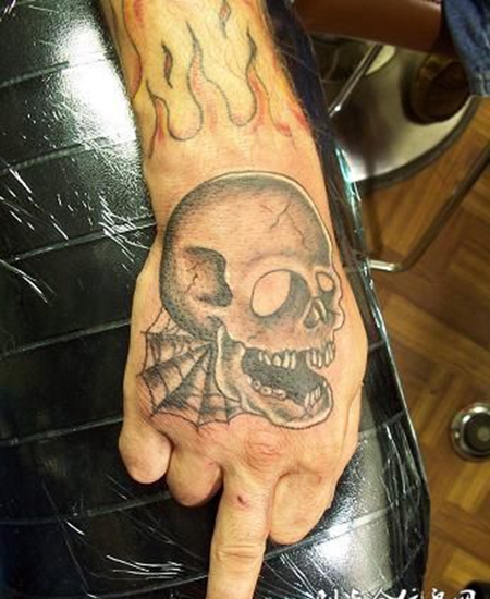 手背骷髅头蜘蛛网纹身图案