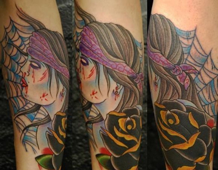 小腿蜘蛛网美女纹身图案