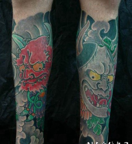 小腿两色般若纹身