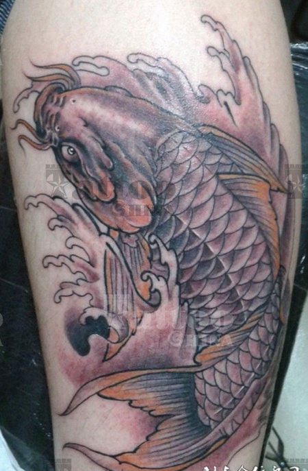 小腿上的传统鲤鱼纹身