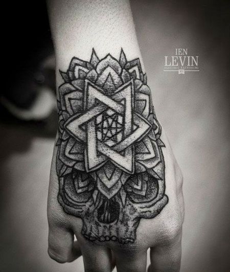 手背上的骷髅头六芒星纹身图案