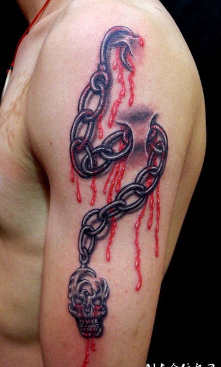 胳膊上的3D锁链纹身