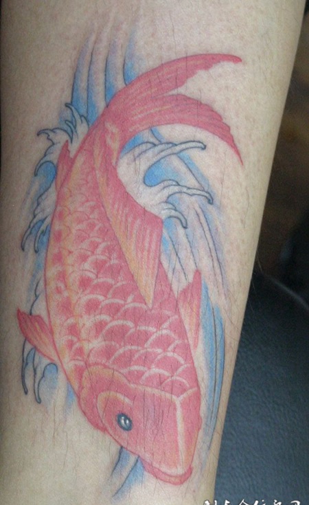 小腿上的红色鲤鱼纹身