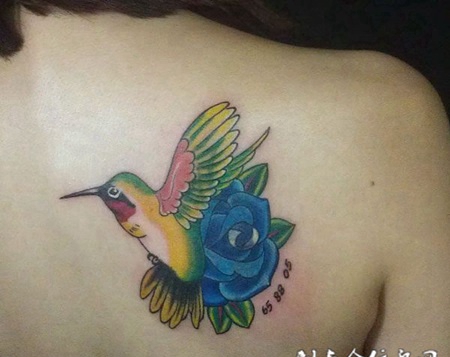 后背上的蜂鸟纹身
