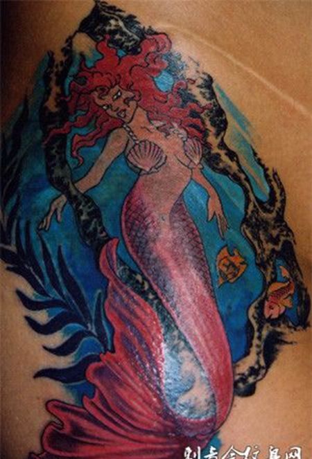 侧腰深海美人鱼纹身图案