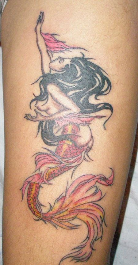 手臂红色美人鱼纹身图案