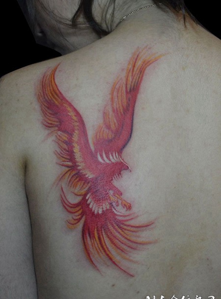 背部火红的凤凰纹身