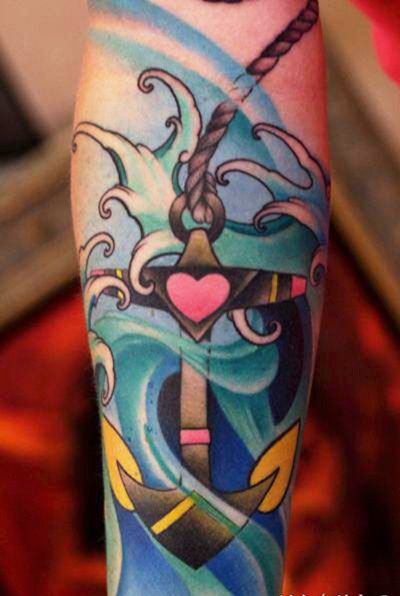 手臂个性船锚海浪纹身图案