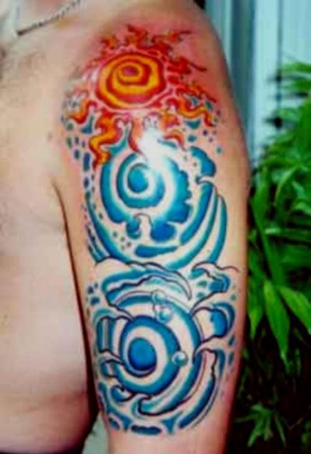 大臂海浪太阳纹身图案