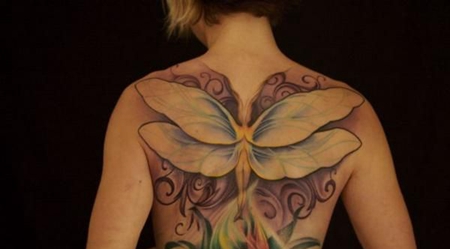 满背彩色花朵精灵纹身图案