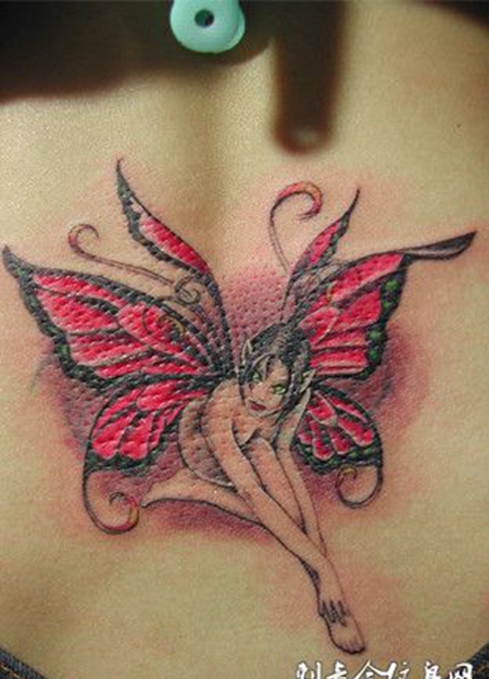 腰部粉色蝴蝶精灵纹身图案