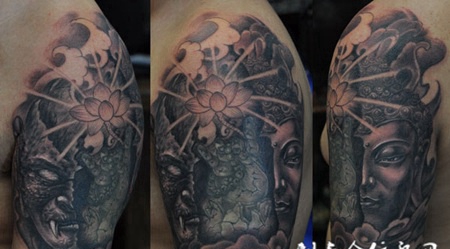 胳膊上的恶魔与佛纹身